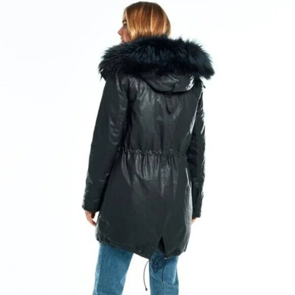 💥STUNNING!💥SAM. VTG 100% SILVER FOX FUR HOOD/PARTiAL LINING/TRIM BLACK PARKA - Picture 4 of 16